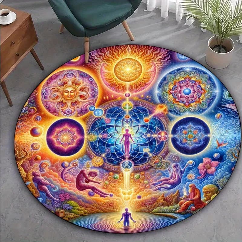 Round Carpet with Life Seeds for Meditation, Yoga Mat with Sacred Geometry, Unique Spiritual Decoration for Home with Anti-slip Base