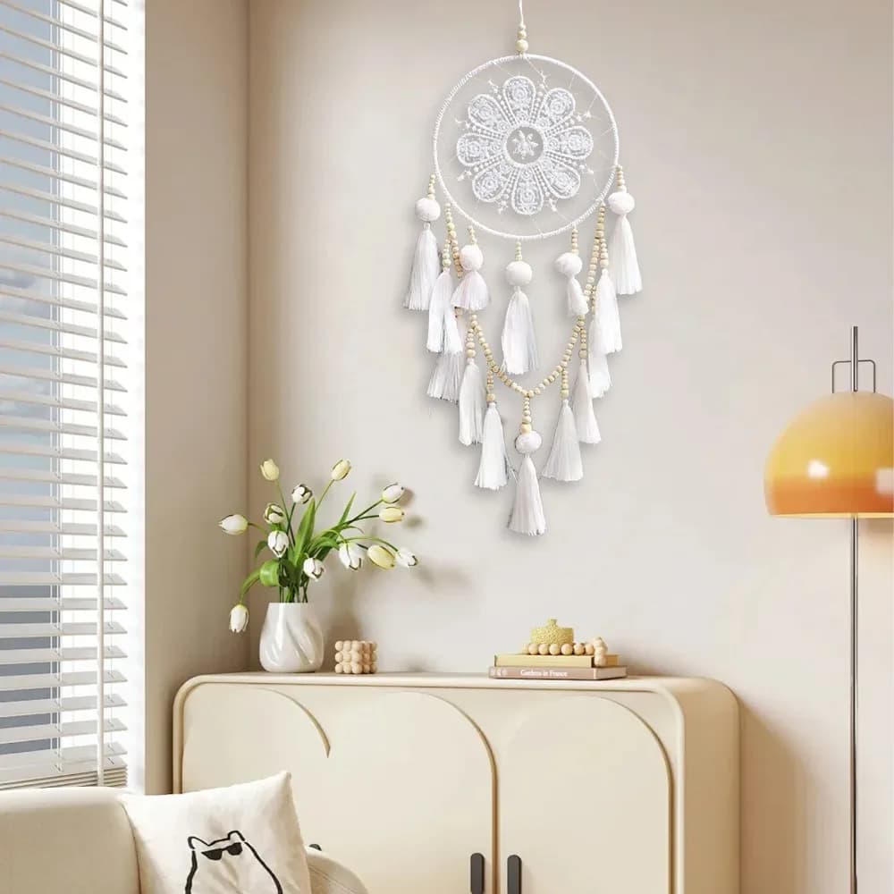 Cotton Macrame Dreamcatcher White Wooden Beads 7.87x21.65in Dream Catcher Wall Hanging Crochet Lace Boho Traditional