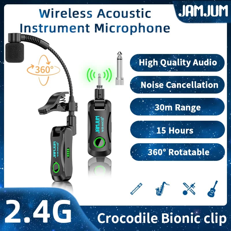 JAMJUM WS-MIC2 Wireless Saxophone Microphone System – HD Sound Quality, Clip-On Wireless for Saxophone