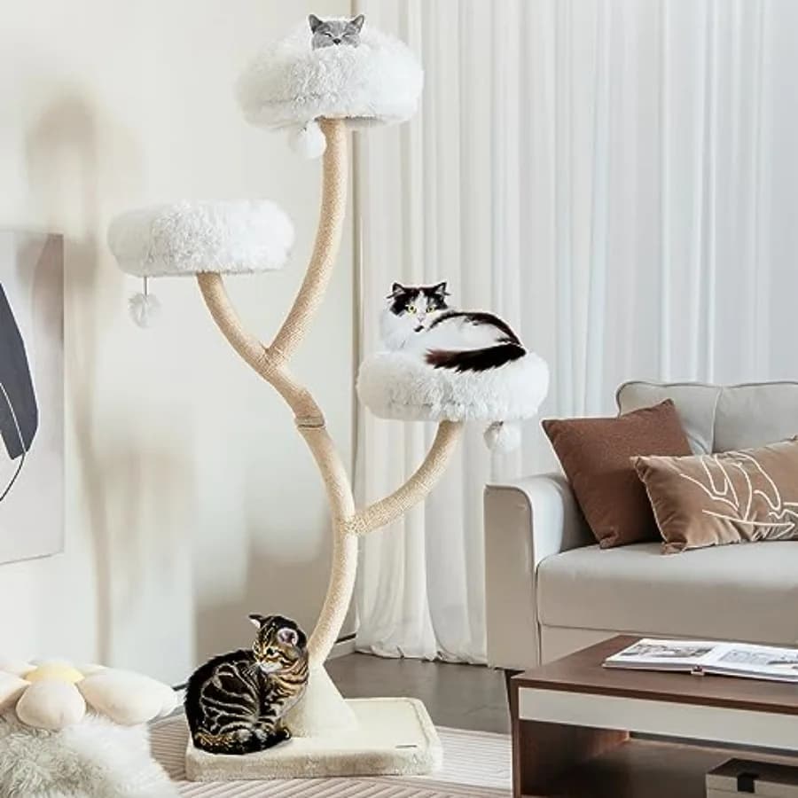 Albero per gatti multi-livello alto 70 pollici con posti per grattare e tavola, moderno, per gatti di taglia grande (oltre 9 kg), 3 posizioni comode e ciondoli.