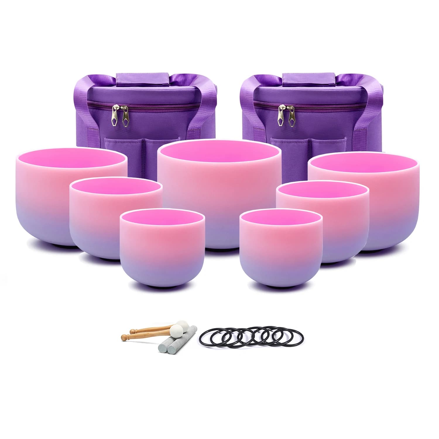 Hye-eun Pink&Purple 6-12/7-12inch Quartz Crystal Singing Bowl 7pcs Tibetan Bowl Chakra Set with Bag for Sound Healing Meditation