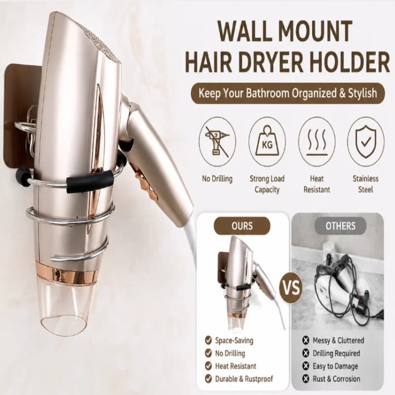 Multi Functional Bathroom Hair Dryer Holder, No Punching Hair Care Tool Holder, Adhesive Wall Mounted Hair Salon Tool