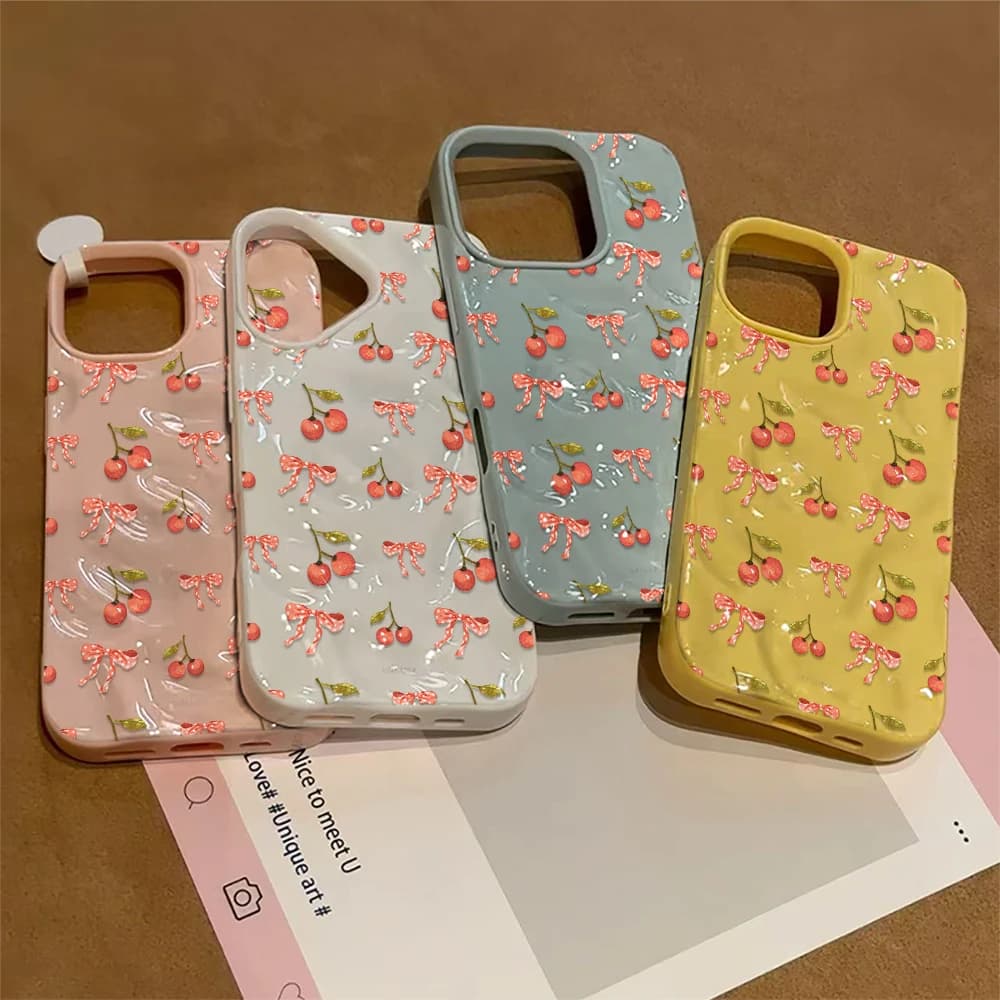 Cherry Bow Slim Phone Case For Iphone 15 Pro Max 11 Air 14 Plus 12 13 16 17 Soft Light Shockproof Cover Phone Case