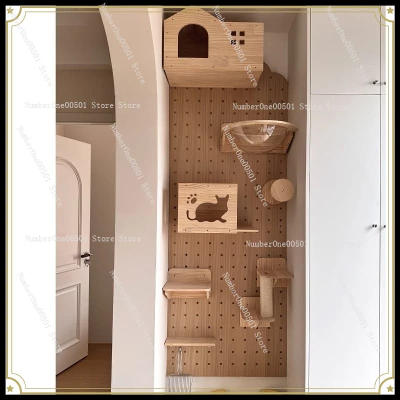 Solid Wood Wall Mounted Cat Tree, Space Capsule Cat Nest & Platform, Hole Board Cat Villa for Home