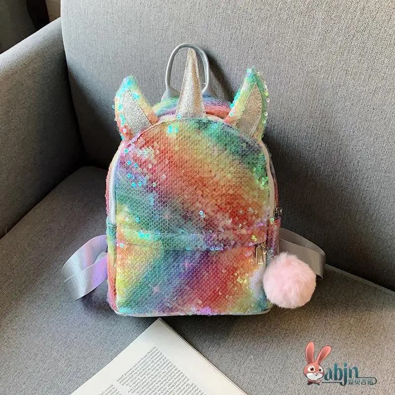 Zaino Coreano alla Moda Arcobaleno per Bambini e Genitori con Nappa a Sfera, Borsa a Doppia Spalla con Paillettes a Forma di Unicorno per Bambine