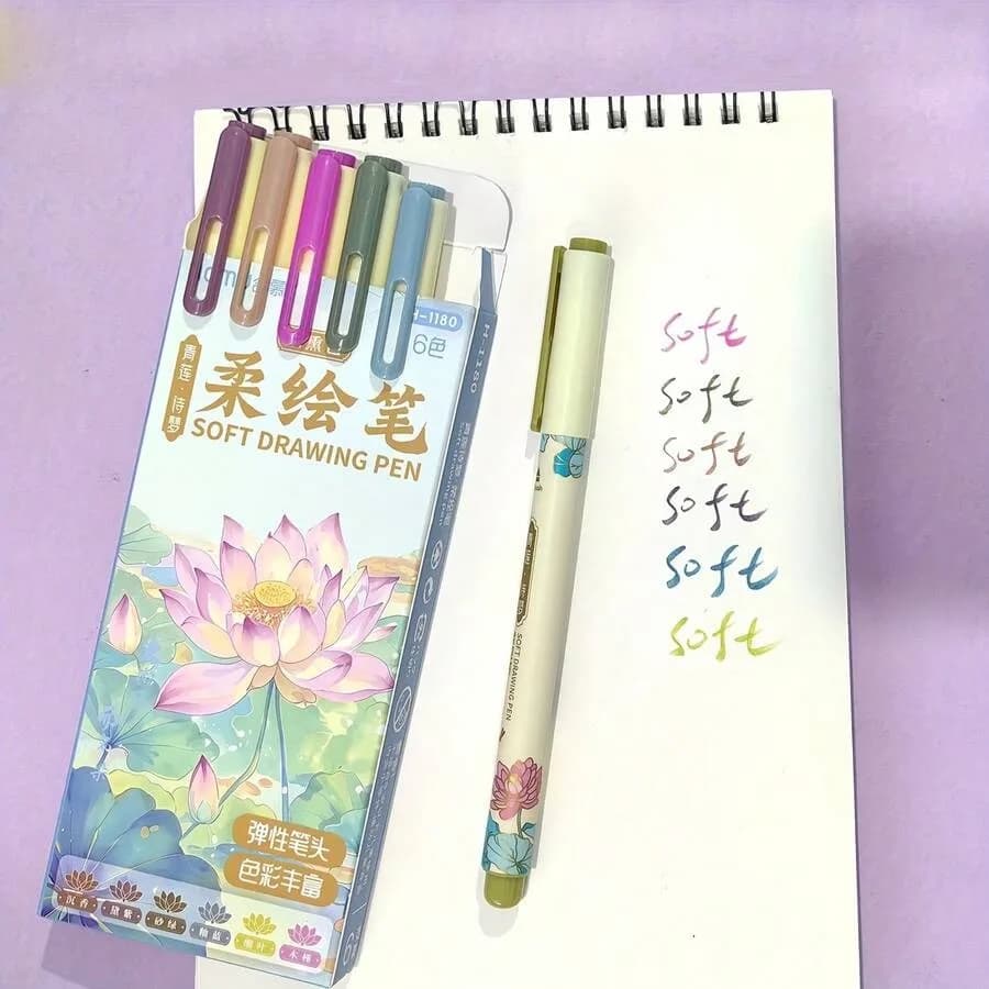 6/12pcs Chinese Style Lotus Soft Brush Pen Set, Fine Tip Calligraphy And Small Lettering Pens For Drawing, Doodling, DIY Greeti