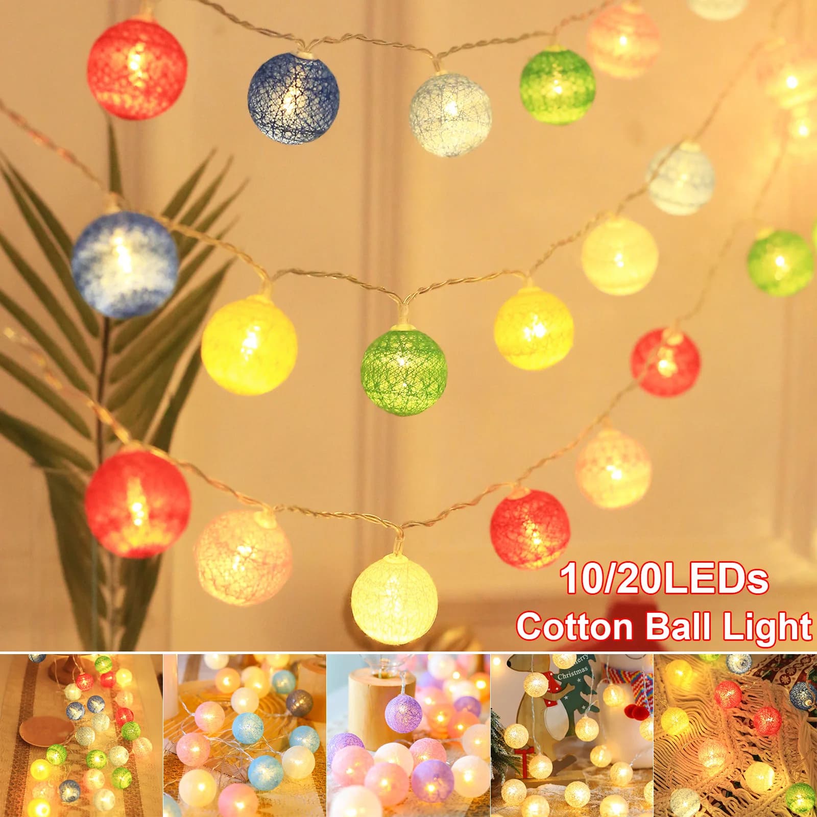 10/20 palline di cotone a LED luci da fata a batteria luci a globo multicolori per interni a batteria decorazione natalizia per le vacanze
