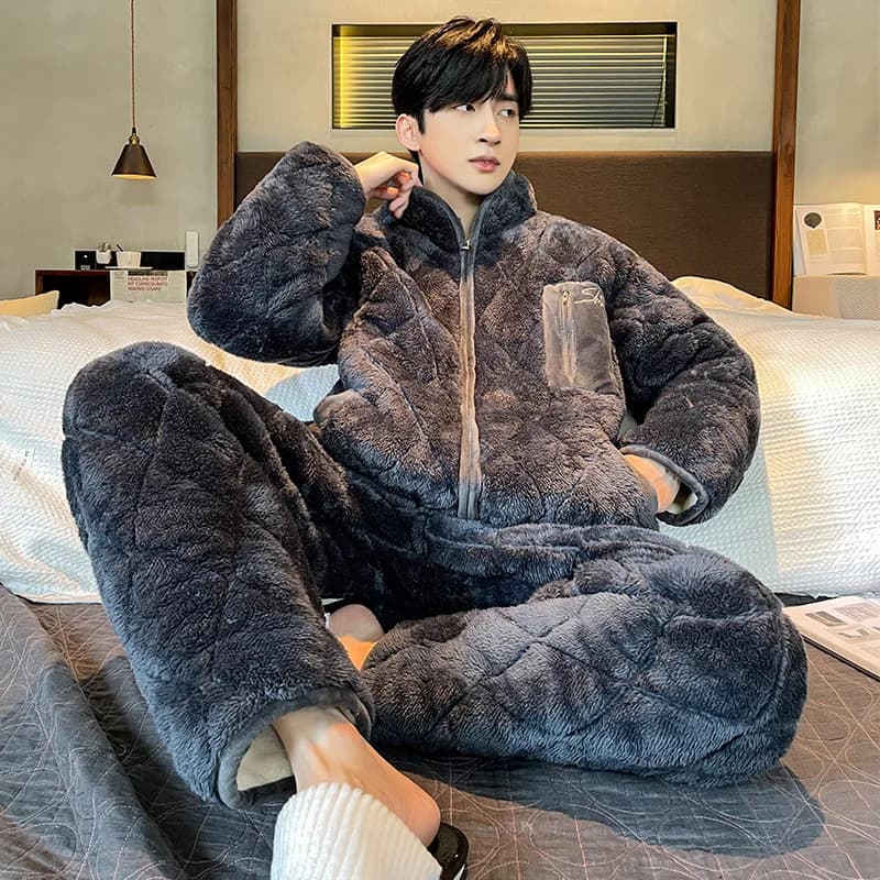 Pigiama invernale da uomo pigiama con cerniera completo da notte addensato a tre strati pigiama in pile corallo lana vestiti caldi per la casa