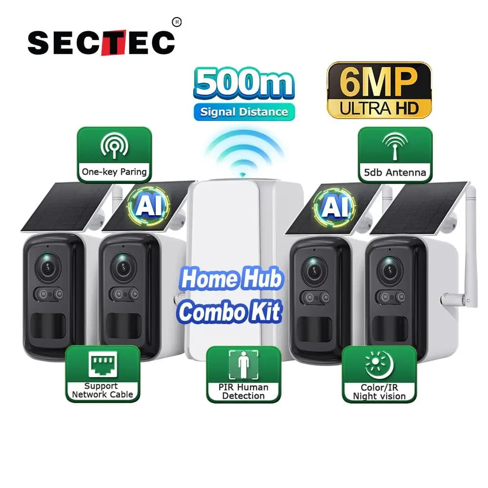 SECTEC Telecamera PTZ HD 6MP Kit combinato hub domestico di sicurezza IP esterna Ripetitore Wifi Confezione da 4 celle Kit telecamere di rete solare WIFI