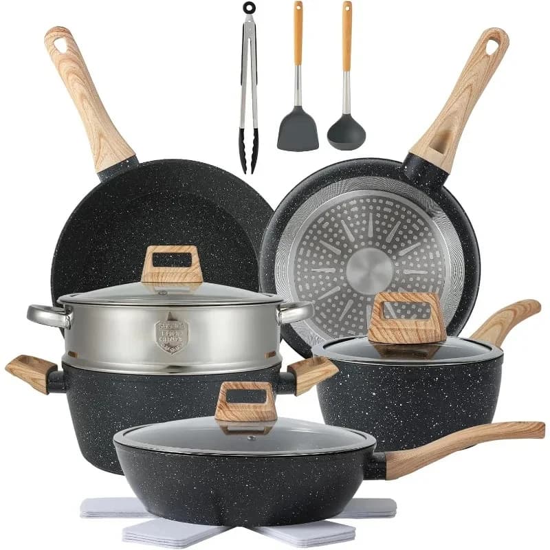 Set di Pentole e Padelle Antiaderenti con Utensili da Cucina (Nero, Pezzato)