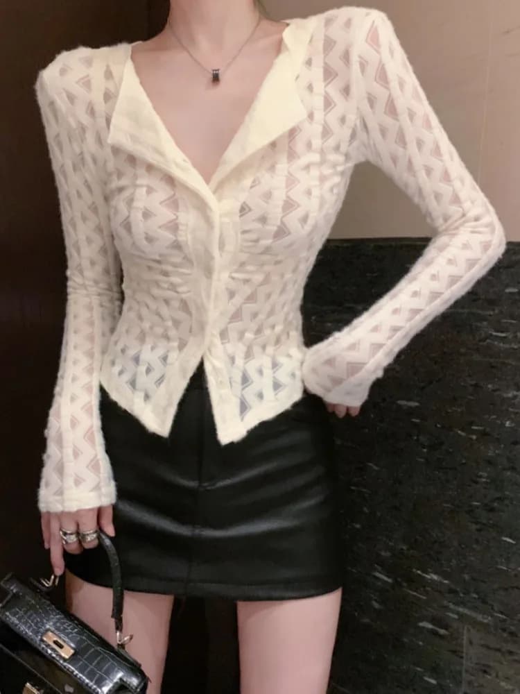Sexy Hollow out Mesh Waist Cinching Short V Neck Shirt High Waist Half Body Leather Skirt Set Korean Style Long Sleeve Lace S...