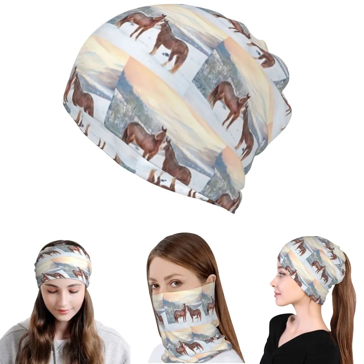 Horses With Snow And Sunset Hills Bandana Neck Gaiter Wrap Mask Scarf Multifunction Headband Beanies Hat Unisex Adult Winter