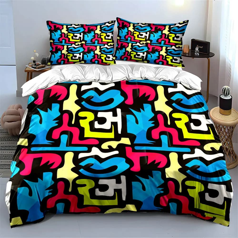 Set di biancheria da letto con lettere cartoon multicolori, 3 pezzi, base nera, stampa astratta, copripiumino, 2 federe, singolo, matrimoniale, regalo
