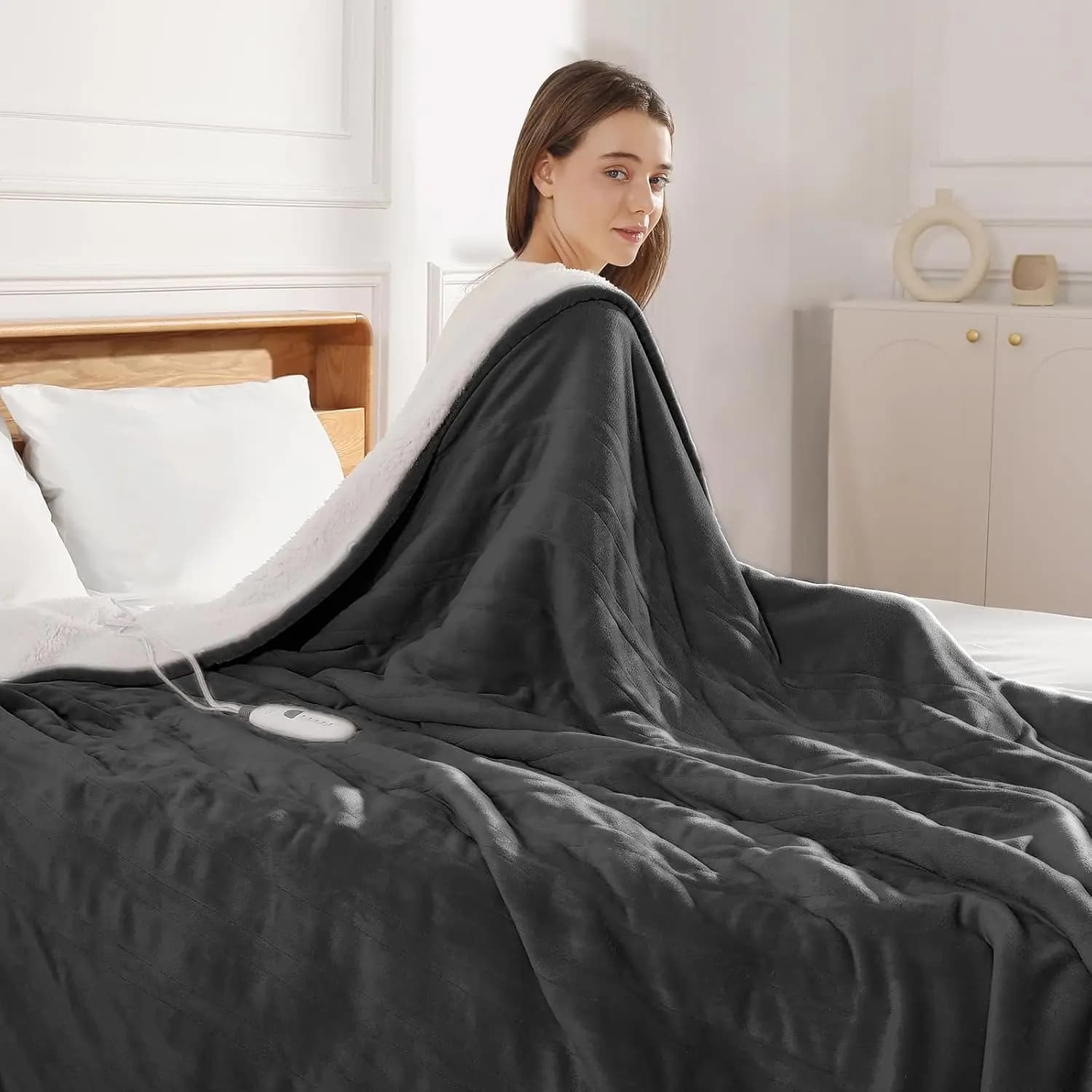 Coperta Elettrica Riscaldata Queen Size con Doppio Controllo, 5 Livelli di Calore, Timer e Design Lavabile