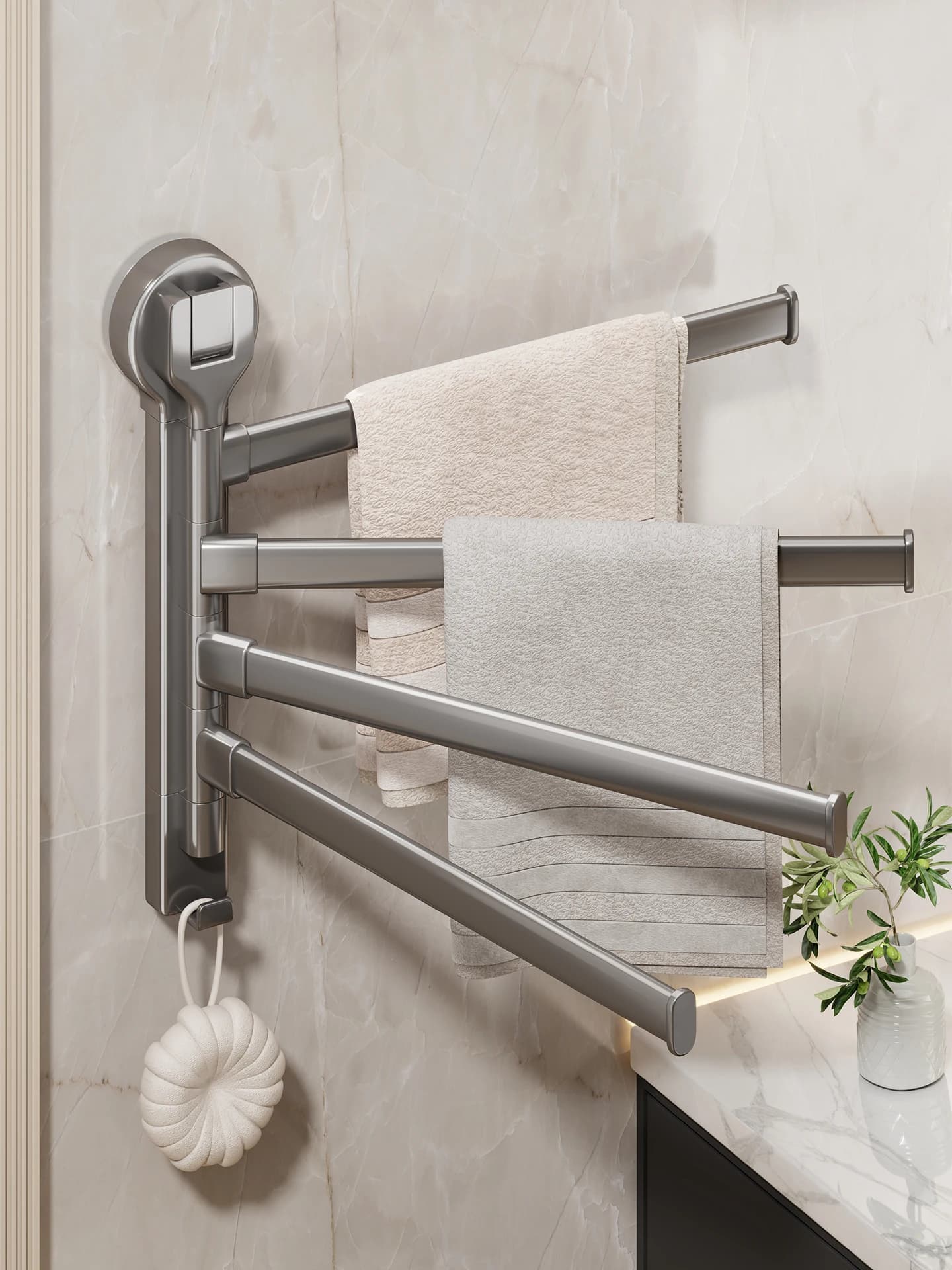Portasciugamani da Bagno Multi-Barra con Gancio Girevole, Senza Foratura, in Alluminio Spaziale per Cucina, Bagno, Lavanderia
