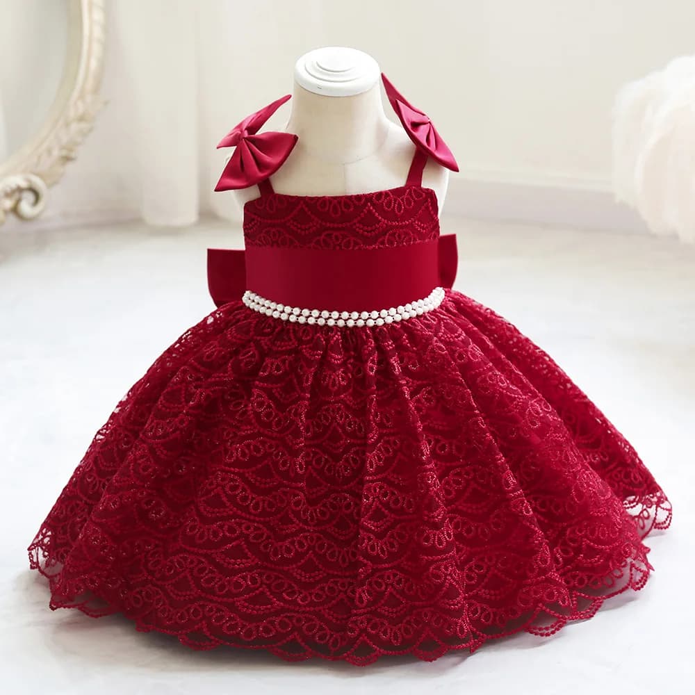 Fiore di pizzo neonate vestono fasce di perle fionda fiocco bianco vestiti di compleanno neonato estate bambini abito da sposa Natale 1-5 anni