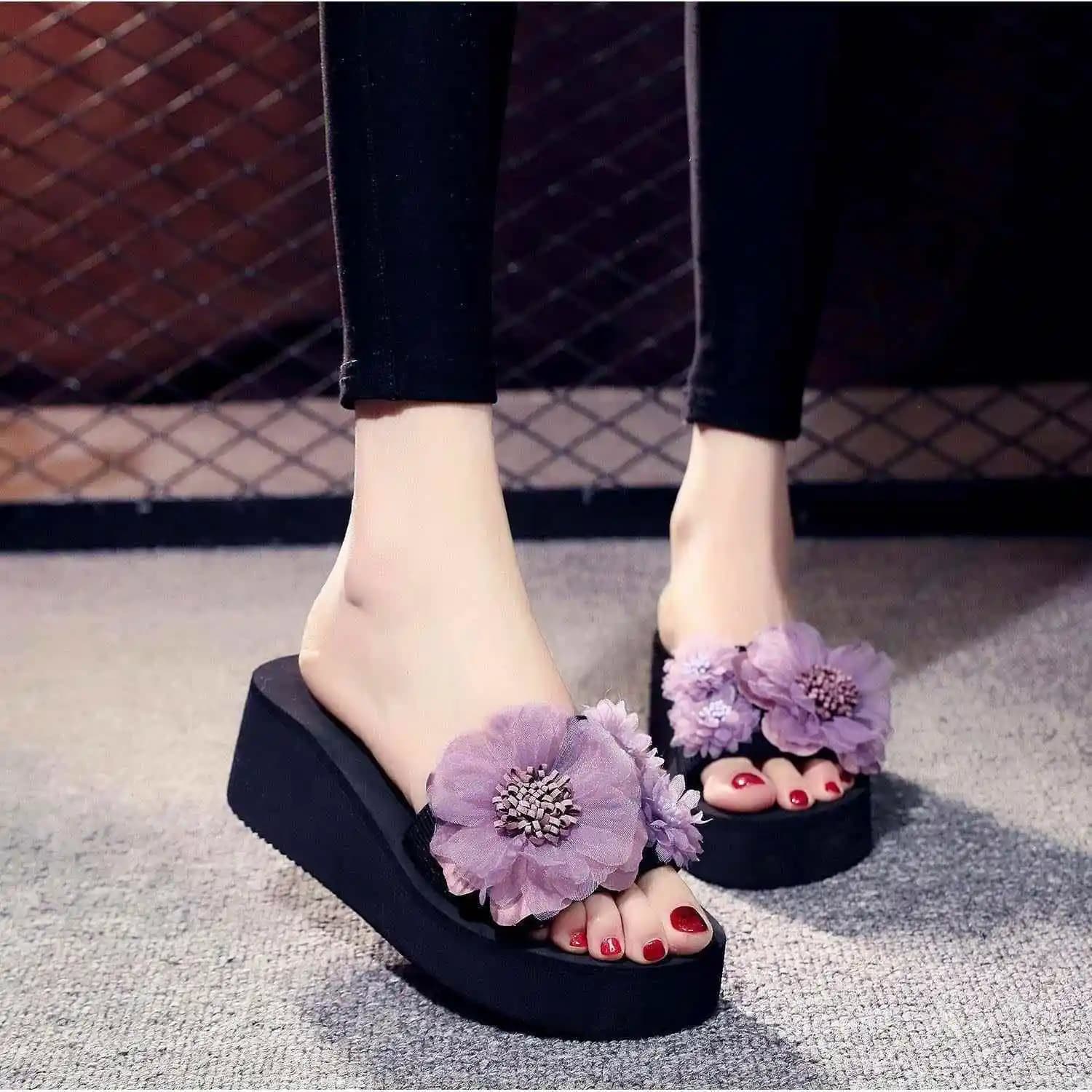 Sandali Estivi da Donna alla Moda con Tacco Spesso, Sandali da Spiaggia Antiscivolo con Fiori, Zoccoli con Plateau, Scarpe Slip-On