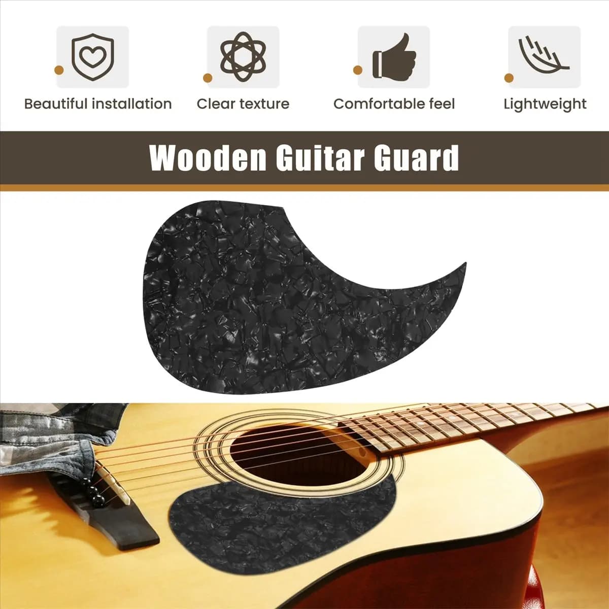 AD12 1 pz. Battipenna autoadesivo per chitarra acustica, a forma di virgola, per chitarra classica, Nero Perla