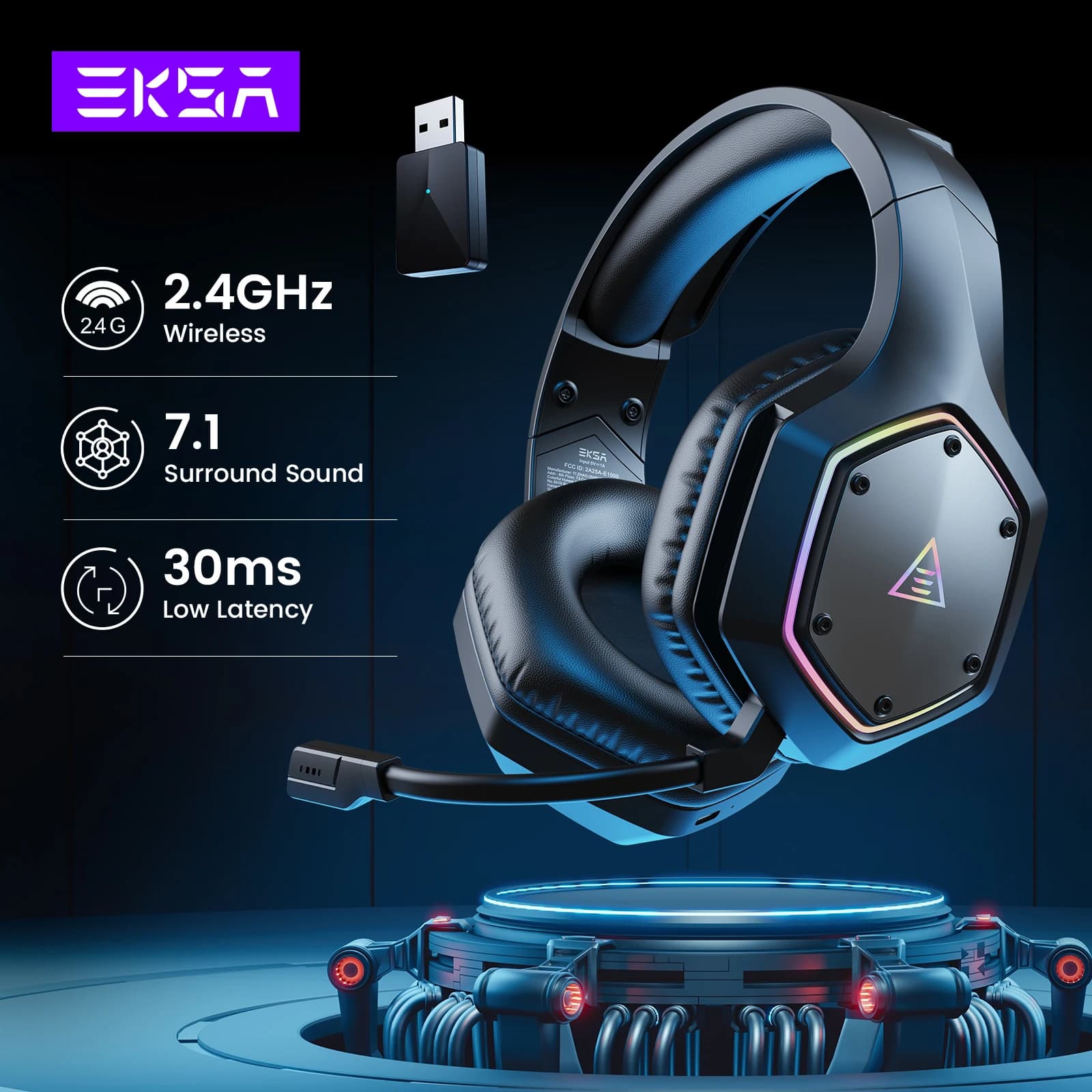 EKSA Cuffie wireless da 2,4 GHz E1000 WT 7.1 Cuffie da gioco cablate surround Gamer con microfono ENC a bassa latenza per PC/PS4/PS5/Xbox