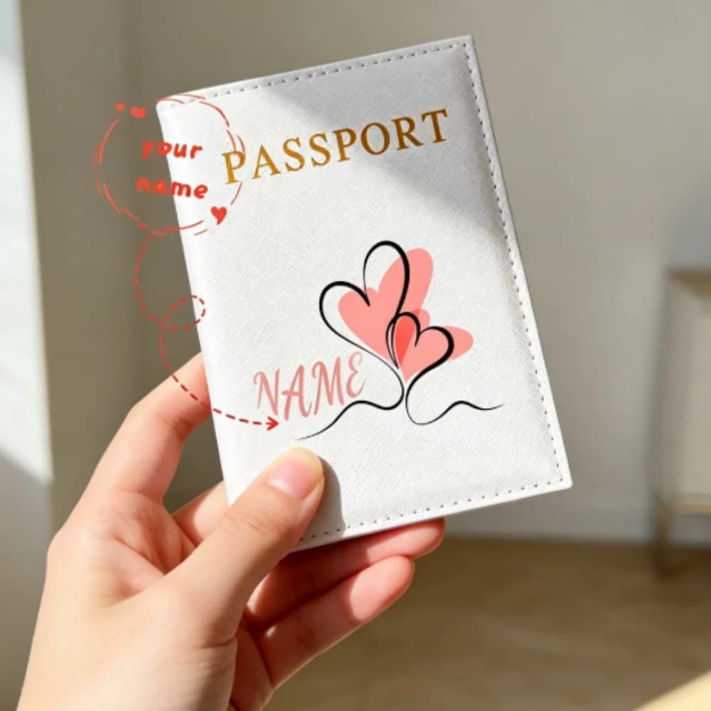 Personalized Pink Heart Custom Name Slim Foldable Passport Holder, Beige Travel Wallet For ID Document Storage