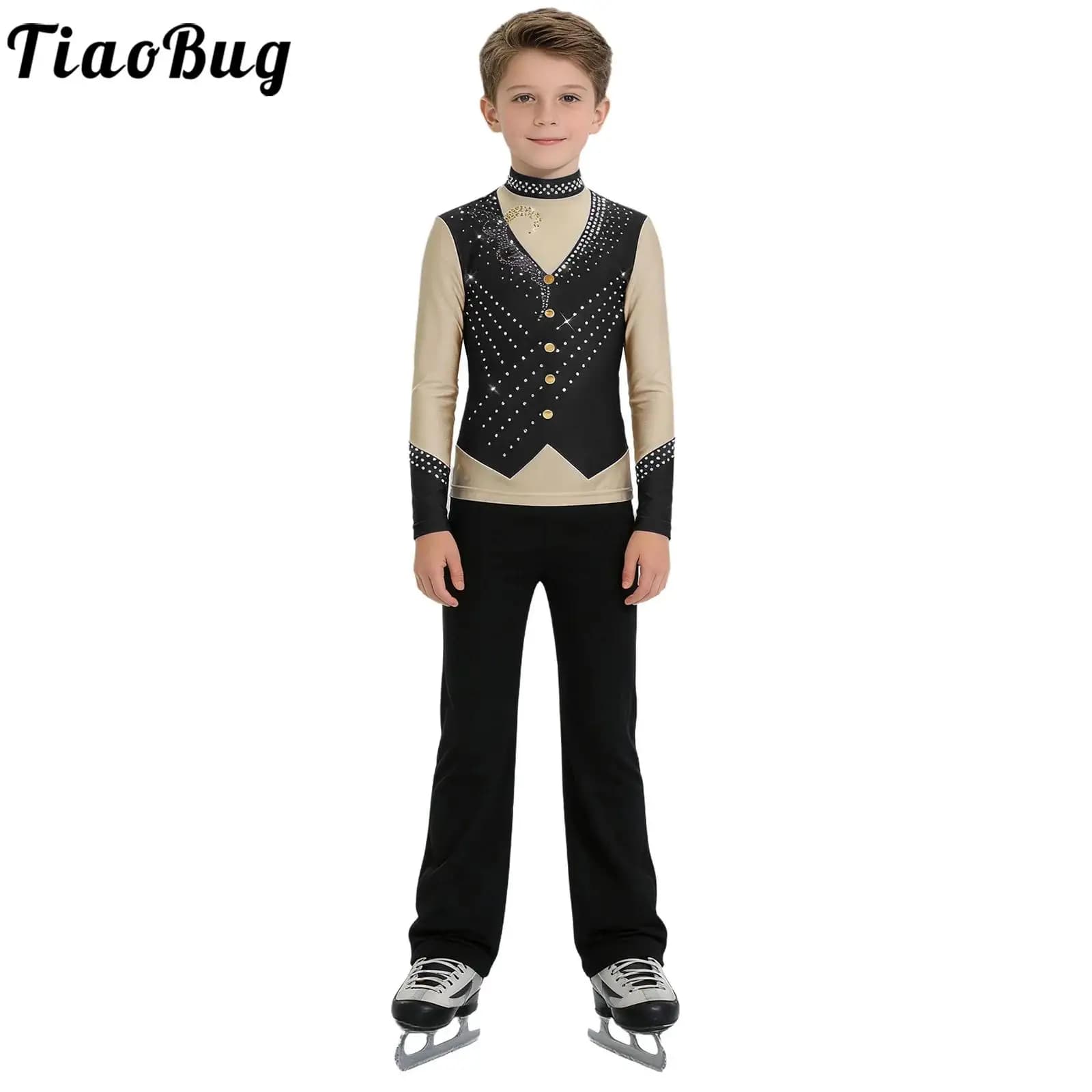 Costume da pattinaggio artistico per bambini, 2 pezzi, con strass scintillanti, top a maniche lunghe e pantaloni, per danza jazz e tango