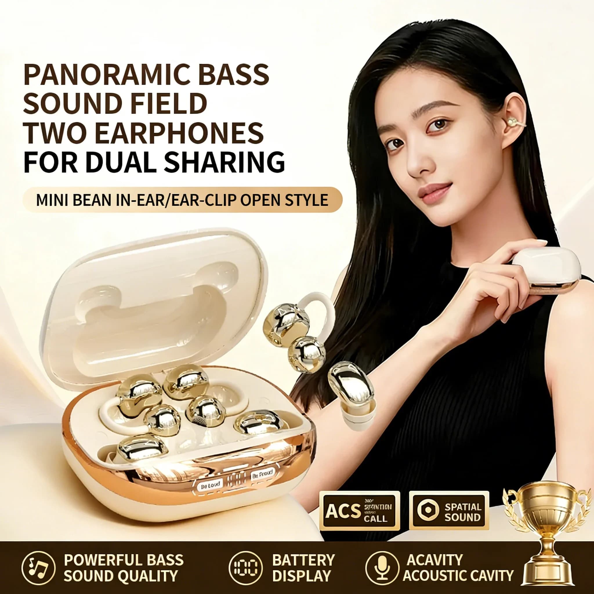 2 in 1 Sharing Wireless Earbuds In-ear & Ear-clip Bluetooth 6.0 AI Noise Cancelling Waterproof HIFI Stereo For Couple Dual Use
