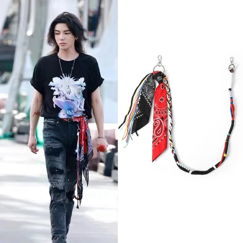Catena da vita hip-hop in corda intrecciata a mano per uomo, accessorio trendy con ciondolo a fiore di caju e sciarpa quadrata, stile INS