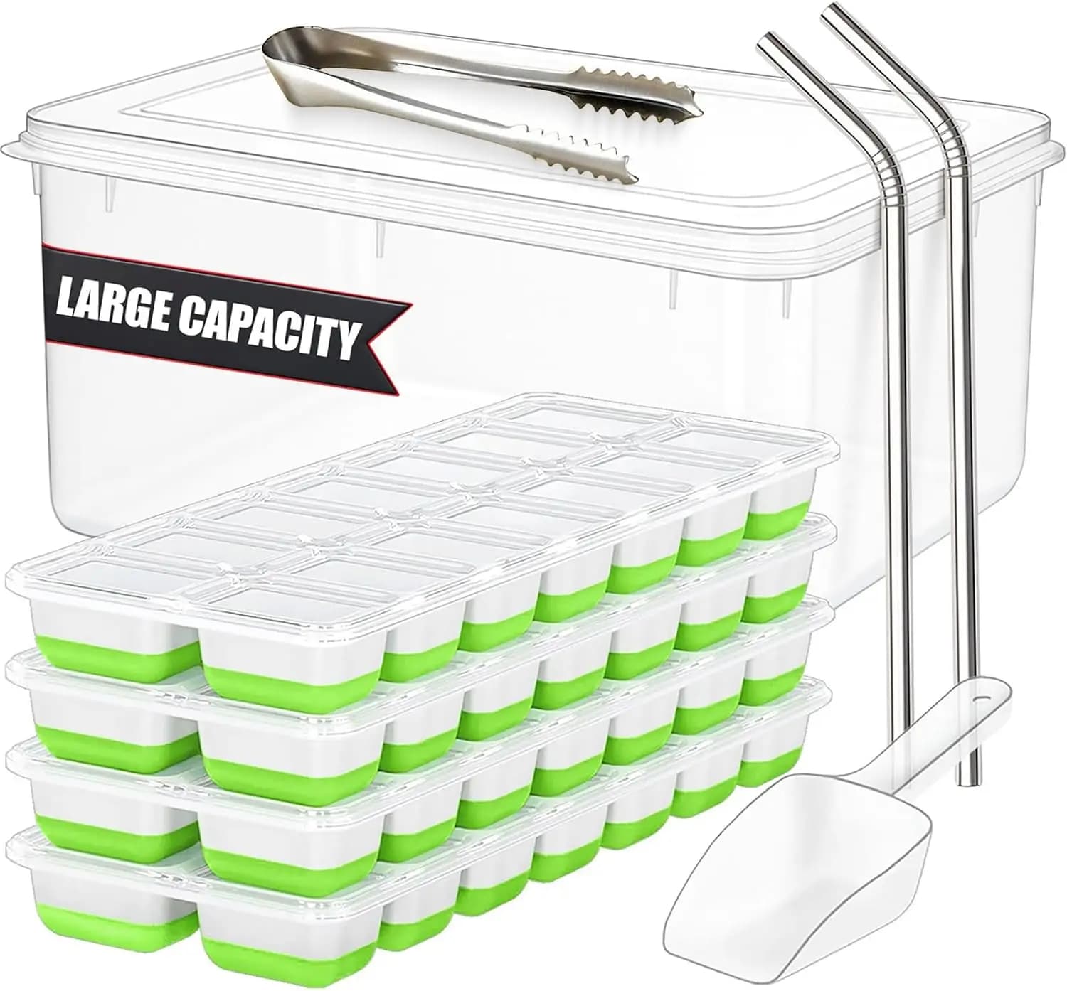 Set di 56 cubetti di ghiaccio con coperchio e contenitore, stampo impilabile in plastica e silicone per congelatore con 4 vassoi, secchiello grande per ghiaccio con paletta, pinza e 2 cannucce in acciaio inossidabile, per preparare ghiaccio facilmente per cocktail, caffè, camper, whisky