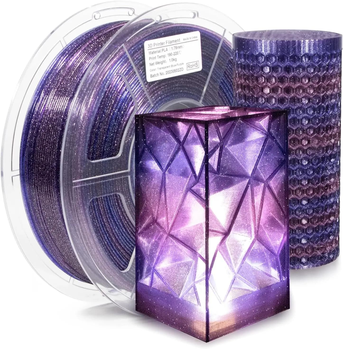 3D Printer Filament PLA Transparent, Multicolor with Glitter Frosted Purple and Blue, 1KG/2,2lb for Galactic Printing