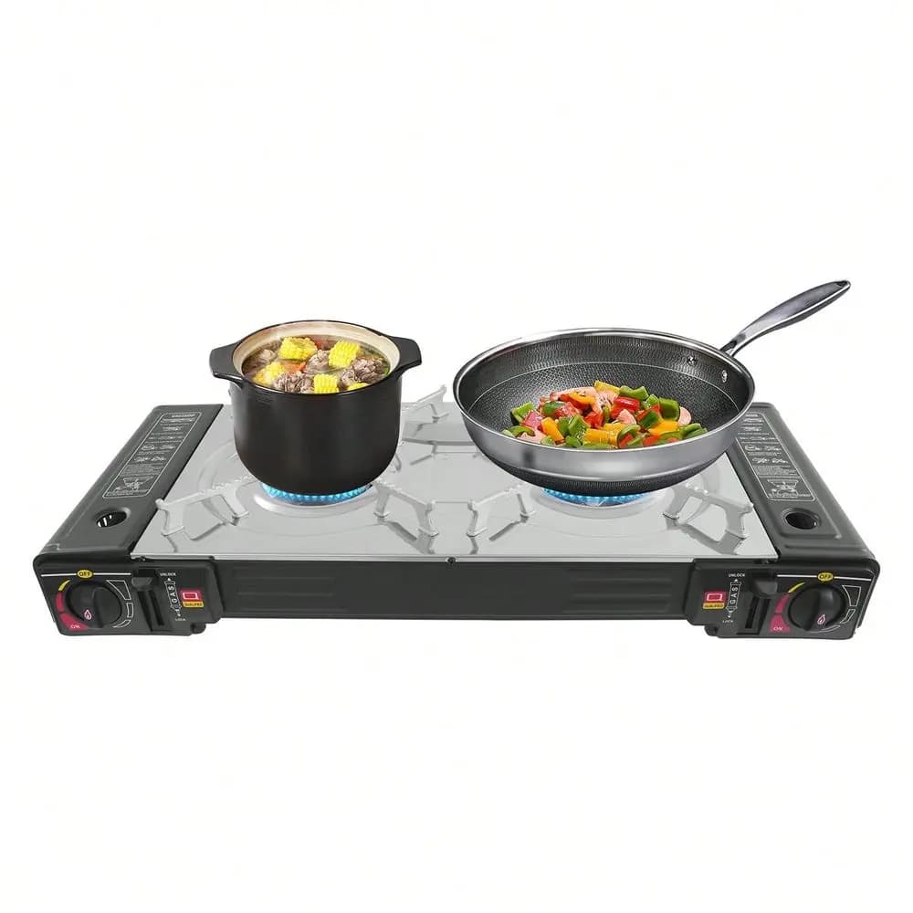 Fornello da Campeggio a Butano Portatile con Custodia e Pulsante di Accensione, Set di 2 Fornelli da Campeggio con Utensili da Cucina e Indicatore di Temperatura in Celsius
