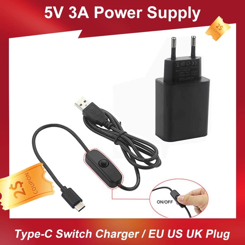 Raspberry Pi 4 Adattatore di alimentazione 5V 3A USB-C Micro USB Interruttore Cavo di ricarica EU US UK AU Spina di alimentazione per Raspbery Pi 4 Modello B
