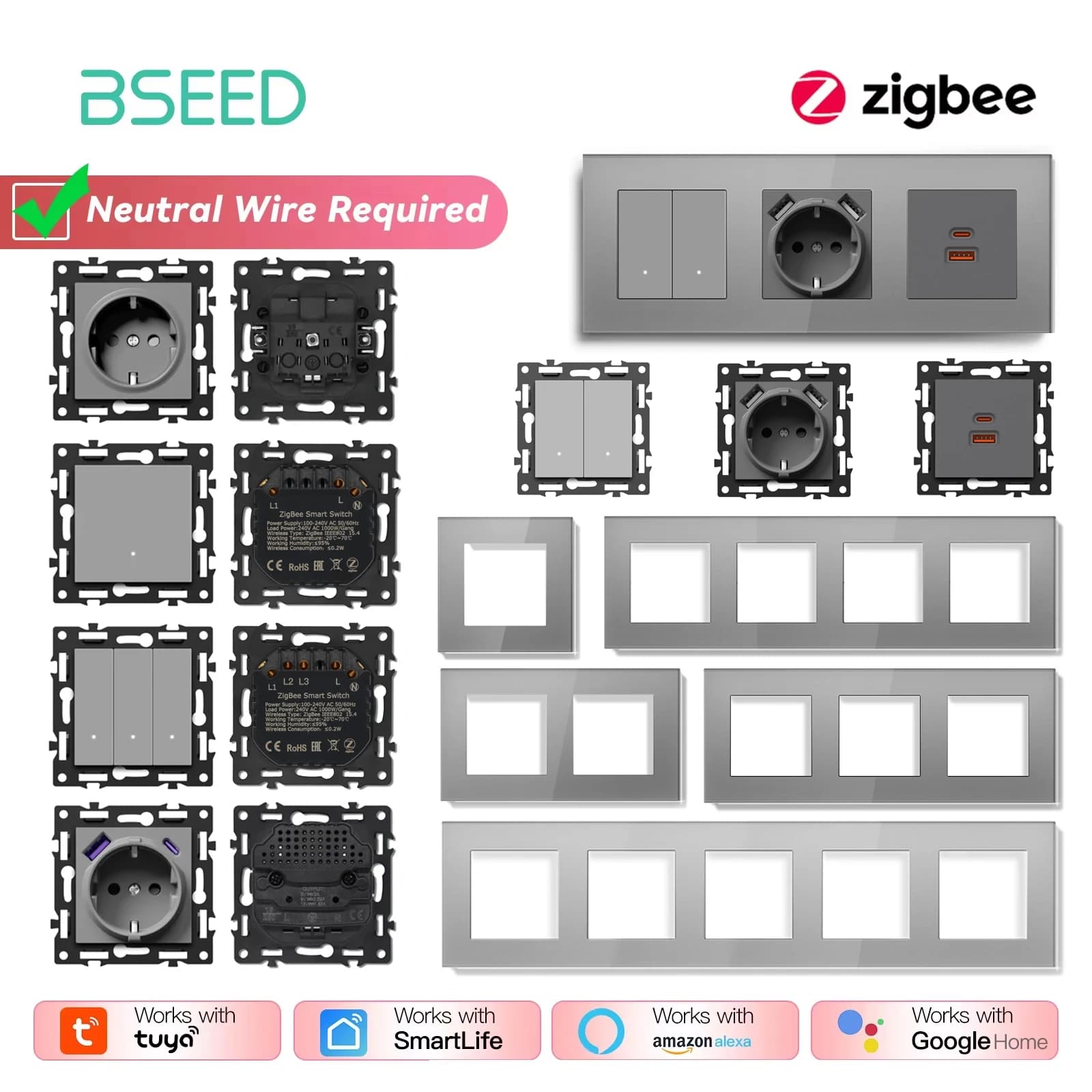 Switch Modules Zigbee BSEED Light Switch Parts with Smart Click Grey Glass Frame Combined Wall Holders DIY USB Series E