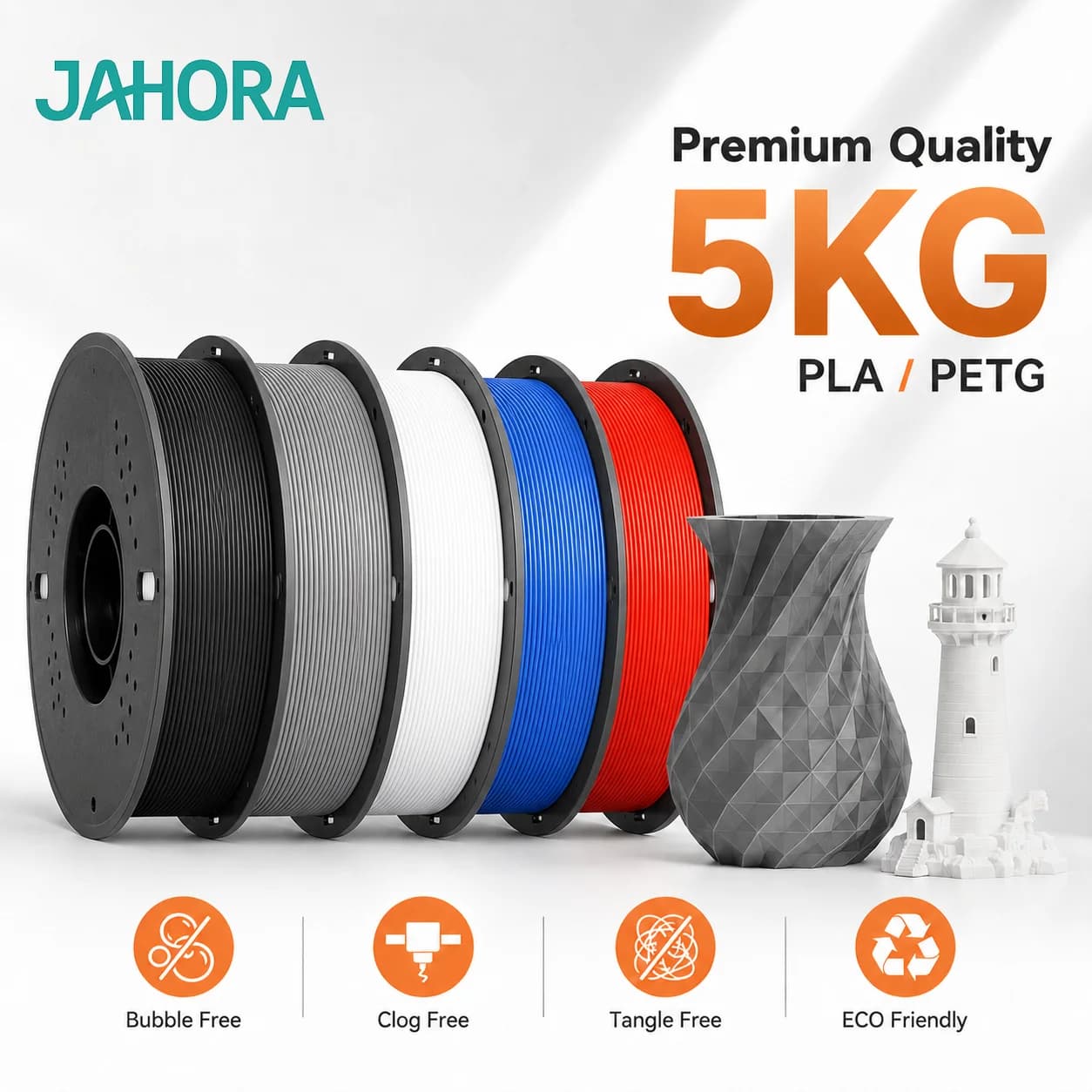 JAHORA 3D Printer Filament Bundle 5 Rolls 5KG 1.75mm PLA PETG Mix Color ±0.02mm Neat Wound Bubble Free for All FDM Printers