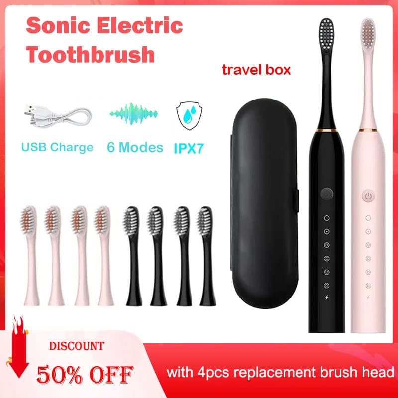 Spazzolino elettrico sonico IPX7 Spazzolino da denti sbiancante per igiene orale impermeabile Spazzolino intelligente potente per adulti automatico ricaricabile