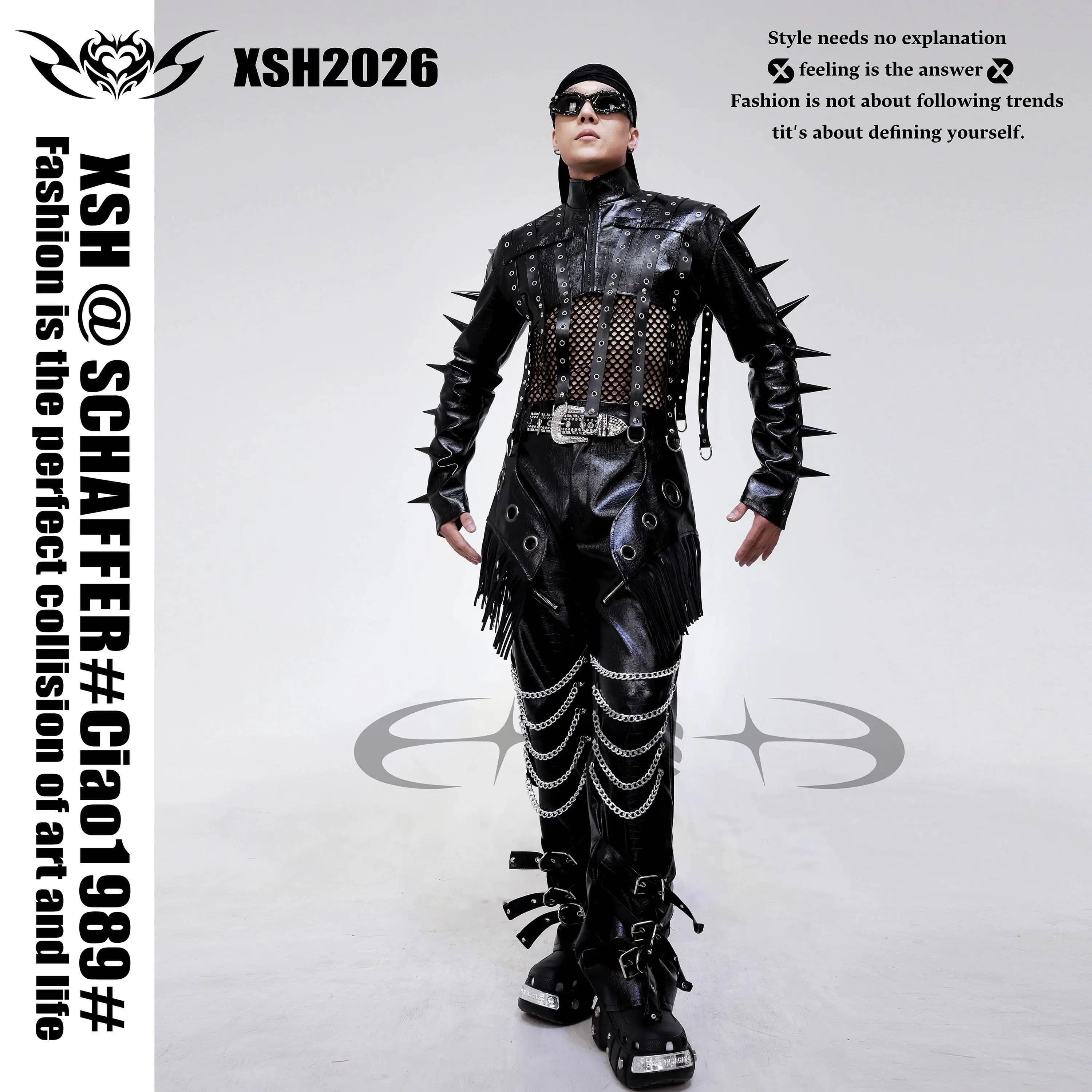 Black Rivet Leather Jacket With Mesh And Tassel Chain Pants, Bar Men's Gogo Dark Theme Patrol Custom Set
