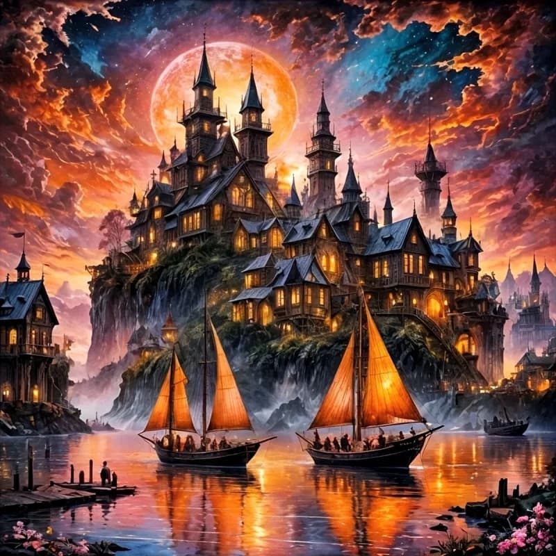Kit per pittura con diamanti, motivi di castello e barca a vela, pittura con diamanti rotondi, decorazione completa con diamanti, diverse misure tra cui scegliere, senza cornice