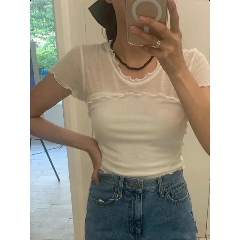 Tannat26 Summer Sweet Lace Mesh Wrap Chest Short Sleeve Two-Piece Set Casual Slim Fit Knitted Moisture Wicking Summer Top