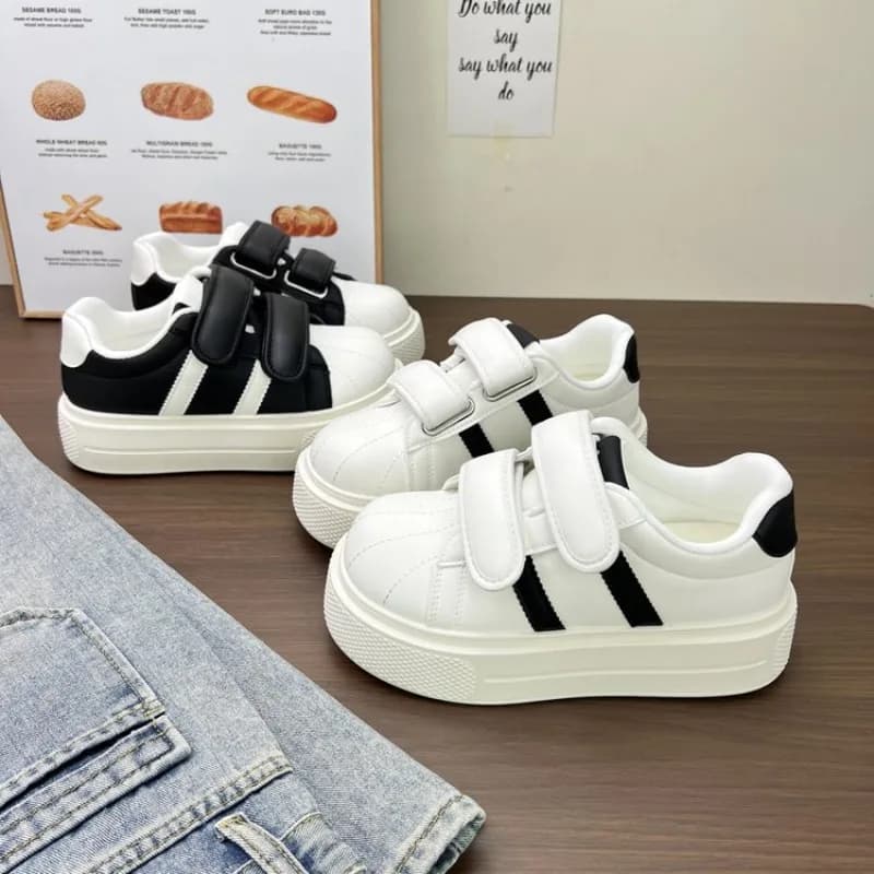 Women Striped Shell Toe Platform Sneakers Adjustable Velcro Strap Slip On Casual Skate Shoes Fashion Thick Sole Walking Sneakers