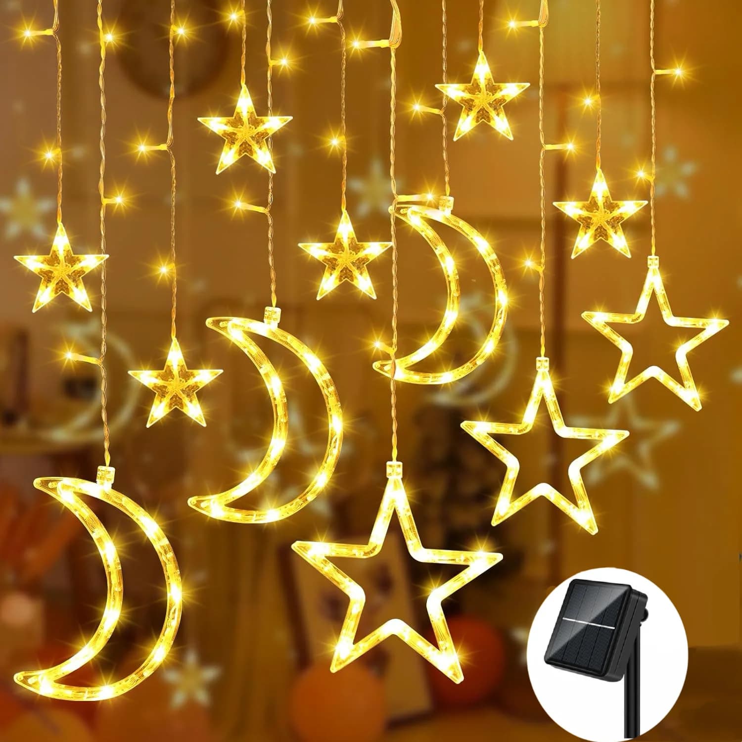 Luci a corda con stella lunare ad energia solare 8 modalità appese a LED per tende da fata per feste natalizie, capodanno, decorazioni per Ramadan