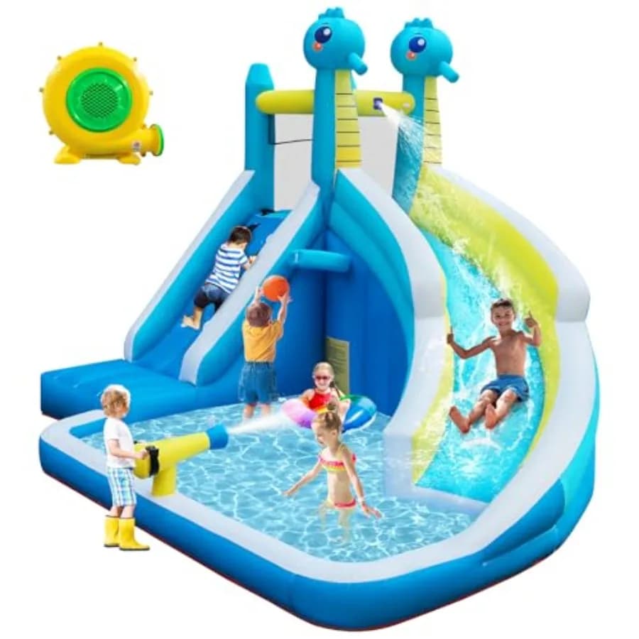 Scivolo d'Acqua Gonfiabile a Tema Cavalluccio Marino per Giardino, Parco Acquatico Gonfiabile 5-in-1 con Parete da Arrampicata, Scivolo, Cannone ad Acqua e Canestro da Basket