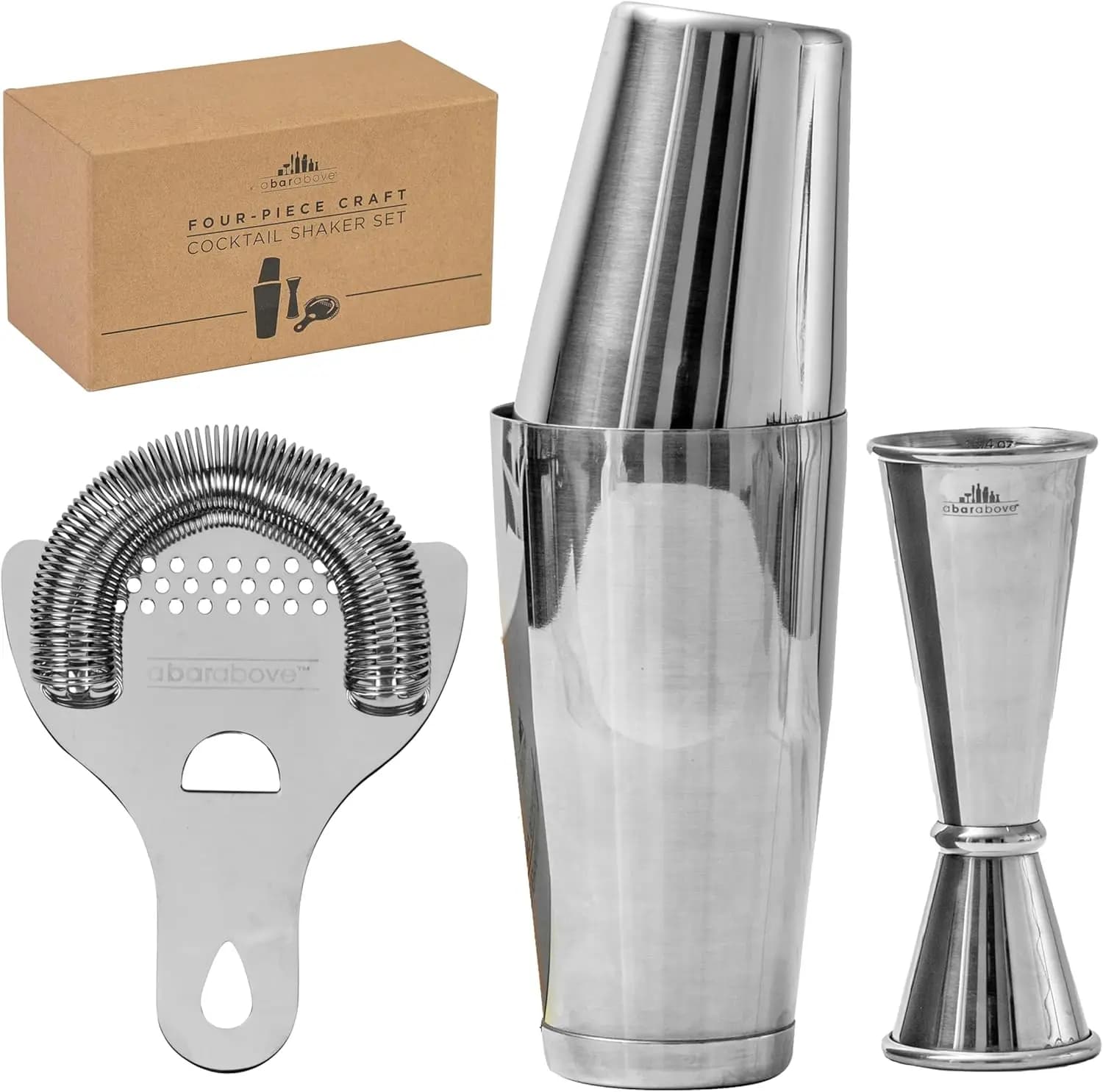 Set Professionale da 4 Pezzi per Cocktail con Shaker Boston, Colino, Jigger - Utensili da Bar in Acciaio Inossidabile per Preparare Cocktail