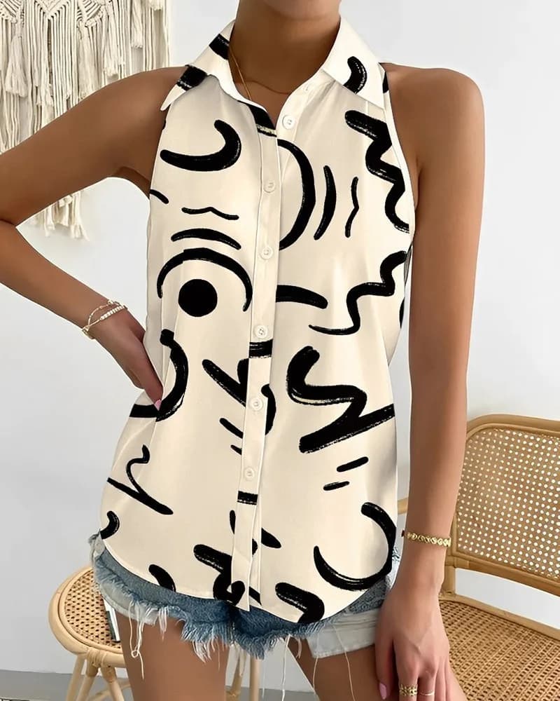Global AliExpress Europa e America camicia da donna con stampa astratta senza maniche monospalla moda casual estiva transfrontaliera