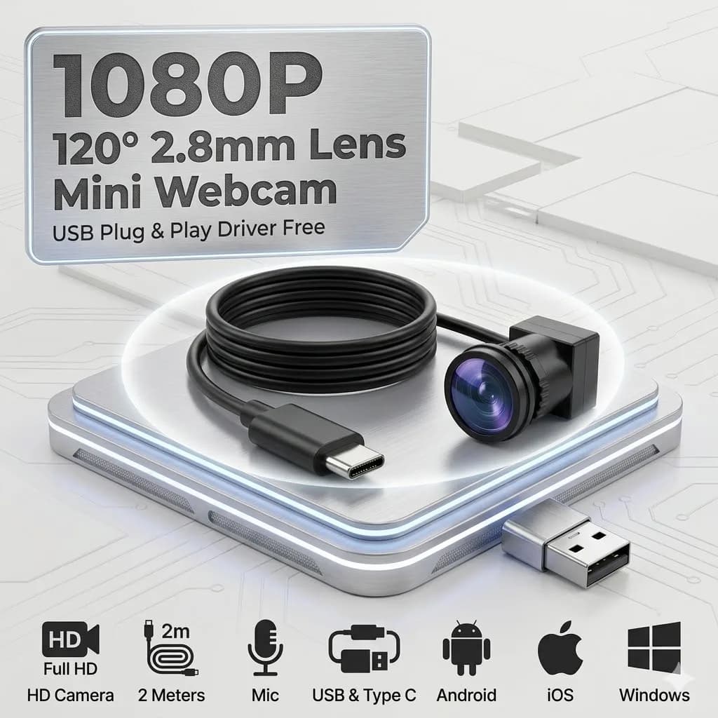 Mini webcam 1080P per videochiamate TV, 3,7 mm 90° ° e 2.8mm 120 ° Obiettivo, fotocamera per PC USB Type-C Plug & Play con microfono, cavo da 2 m per Android iOS