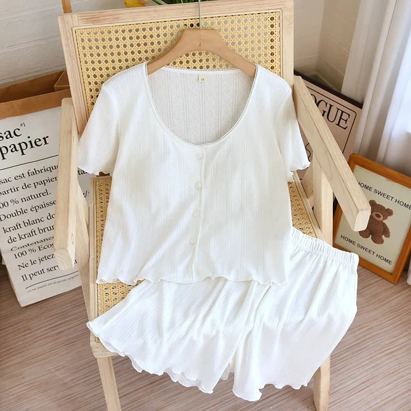 2026 Summer New Women's Pajama Set 100% Cotton Round Neck With Chest Cushion Short Sleeve+Shorts Thin Home Clothes Two Piece Set