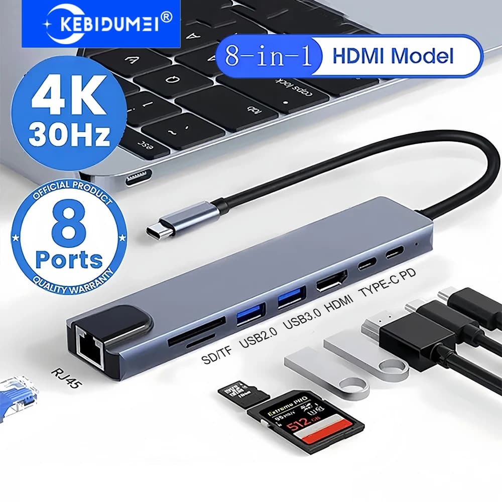 KEBIDUMEI Hub USB C 8-in-1, Docking Station USB C, Hub USB 3.0 con Trasmissione 5Gbps, da TYPE-C a HDMI/RJ45/PD/USB, Splitter USB