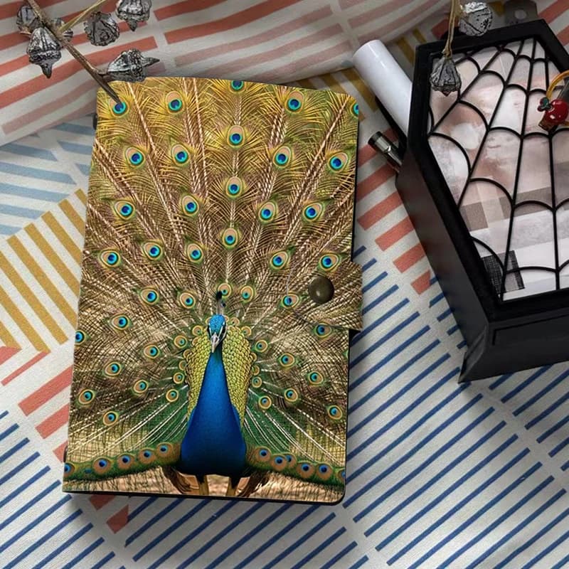 Elegant Peacock Feather Pattern PU Leather Notebook 6 Ring Binder Journal Exotic Bird Art Agenda Diary with Snap Closure Station