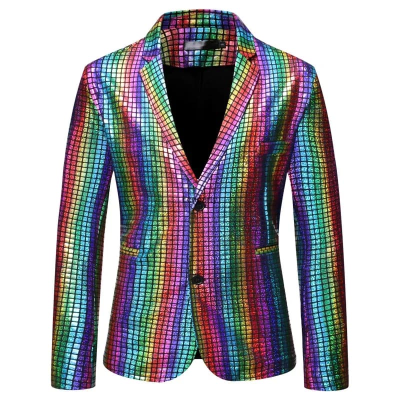 Giacca da uomo con paillettes colorate Giacca da abito metallizzata lucida per uomo Abbigliamento da notte Performance Party 70s Disco Rainbow Abbigliamento da uomo