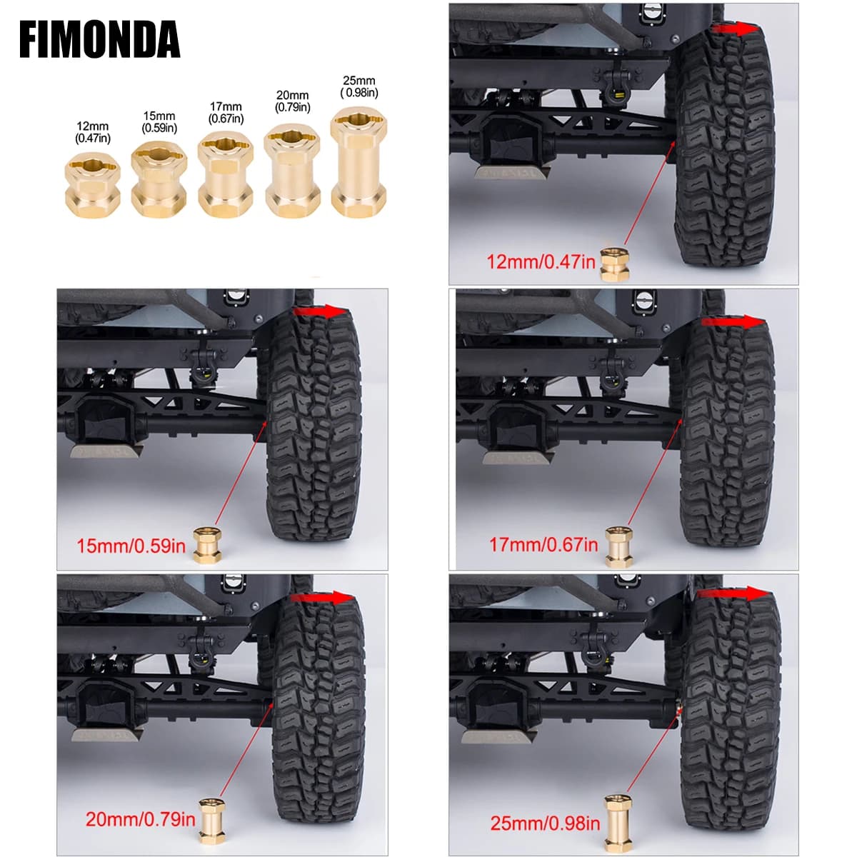 2 colori - 4 pezzi adattatori esagonali per ruote estese in ottone resistente 12/15/17/20/25mm per 1/10 RC Crawler Axial SCX10 II 90046 D90