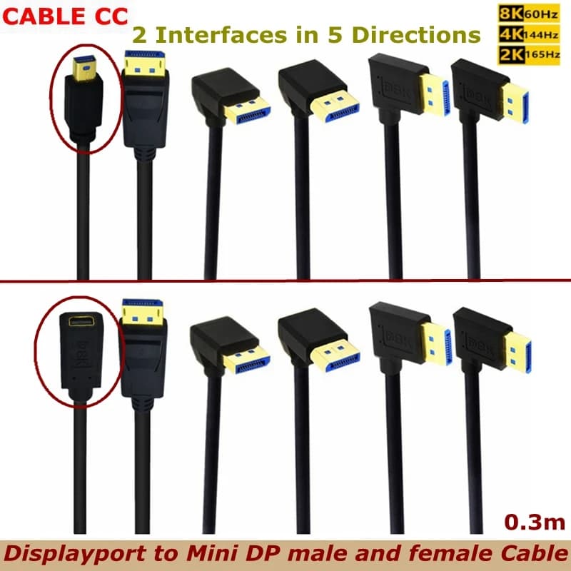 Cavo DisplayPort a Mini DisplayPort da 0,3m HD 8K@60HZ / 4K@144HZ / 2K@165Hz con Connettori Maschio e Femmina per Collegare Schede Grafiche a Monitor