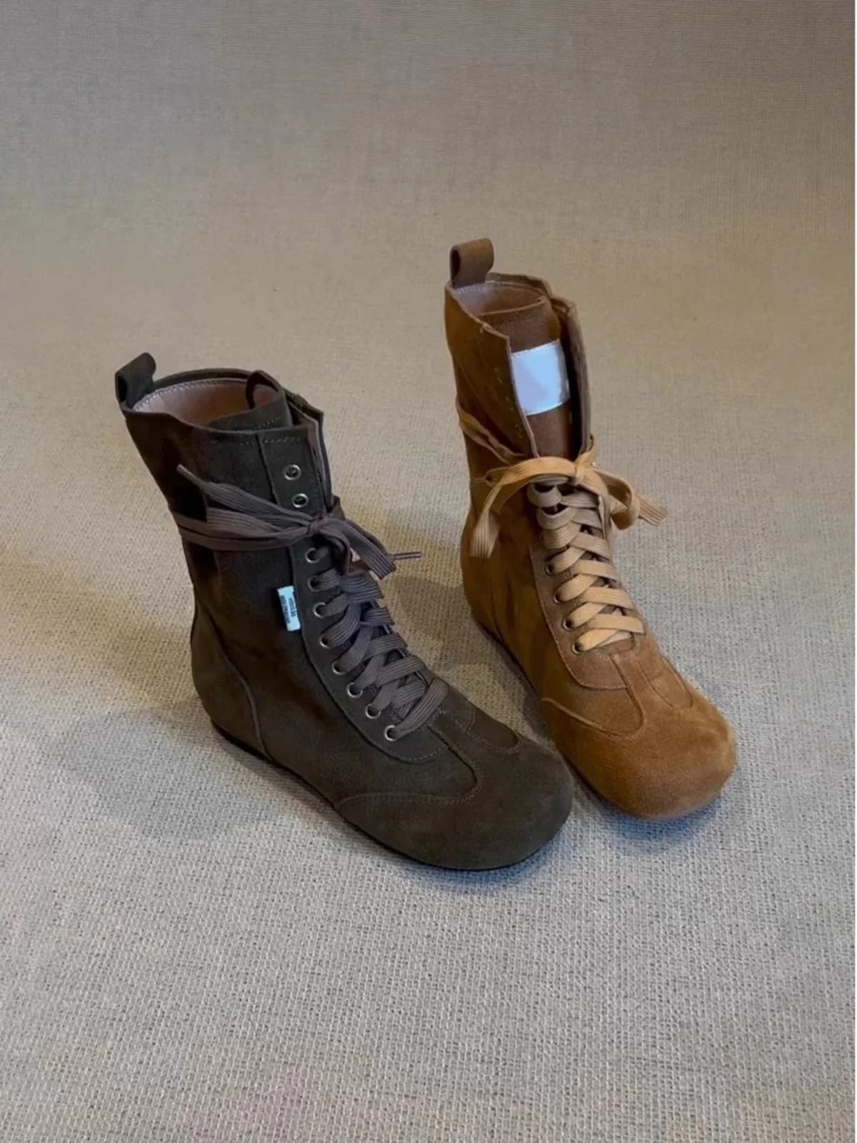 Stivali in Pelle da Donna con Fondo Piatto, Scarpe in Tela con Punta Rotonda e Lacci, Stivaletti Sottili Stile Punching Bag